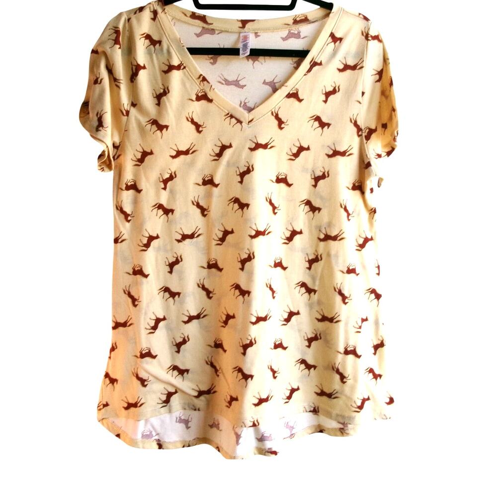 LuLaRoe Classic Tee Horse Print Cream Brown V Neck Top Size M